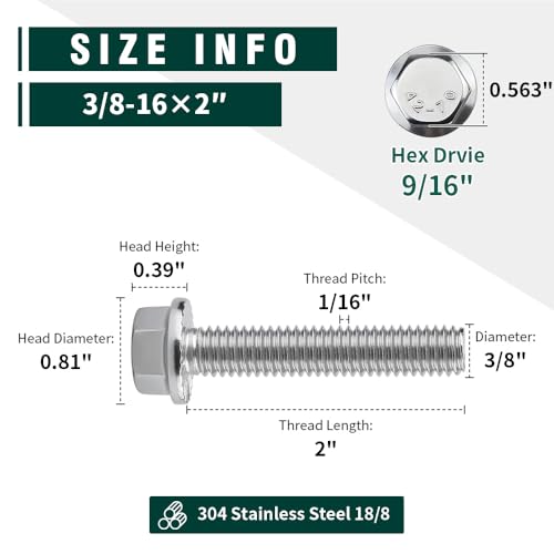 Image of 3 /8-16 x 2 Flanged Hex Head Bolts Screws, 304 Stainless Steel 18-8, Full Thread, Coarse Thread, 8 PCS