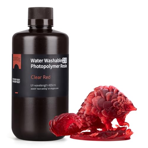 ELEGOO Water Washable 3D Printer Resin 2.0, Fast Curing Photopolymer Resin for Mars Saturn Jupiter MSLA DLP LCD 3D Printing, 385-405nm UV Curing 3D Printing Liquid, Clear Red 1000g