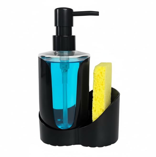 Image of Kitchen Sink Soap Dispenser Set - Dual Pump for Hand & Dish Soap, Sponge & Brush Holder, Refillable Sink Organizer (Single Black)