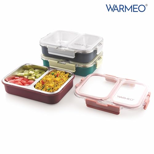 Image of WARMEO BENTO Microwave-Safe Stainless Steel Lunchbox with 2 compartments,bpa Free,Perfect for Office, School, Travelling,750ml-Green