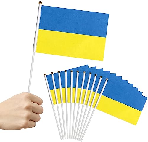 Ukraine Flagge Ukrainische Flagge Fahne Ukraine Klein 15 Stück 14 x 21cm mit 30cm Weißer Stange Länderflagge aus Wetterfestem Material TOP Qualität