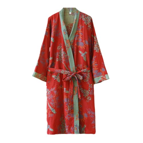 Traditionelles Hanfu-Nachthemd aus Baumwolle, Doppelgaze, Midi-Länge, bedruckt, Bindegürtel, Bademantel, lockerer Schlafanzug, bequem, schweißabsorbierend, Yukata-Saunaanzug, Nachtwäsche, Kimono für