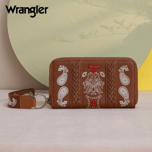 Montana West × Wrangler Wristlet Wallet for Women, RFID Bifold Travel Wallet, Boutique Paisley Designer Women's Wallet, Brown2