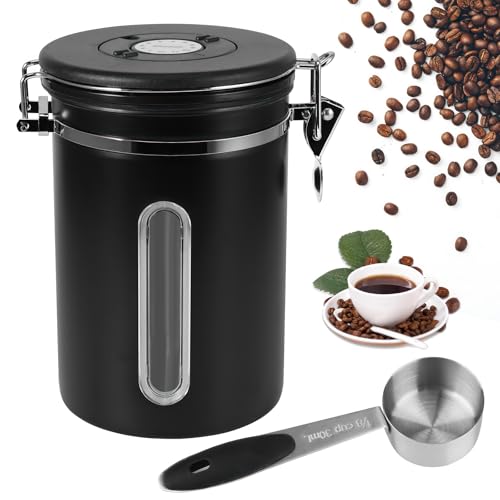 Lata de café hermética - Contenedor de café en grano de acero inoxidable de 1,8 l, recipiente de almacenamiento de café en grano al vacío con cuchara medidora, válvula de CO2 y fecha de caf (Negro)