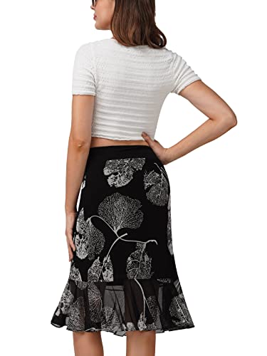 Baishenggt Womens Summer High Waisted Ruched Mesh Skirt Floral Layers Ruffled Hem Flowy Swing Midi Skirts X-Large Black Leaves #TOP3