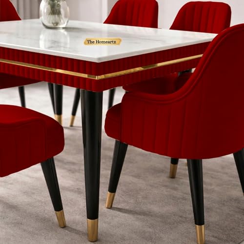 Image of Elara Modern Dining Table Set 6-Seater Wooden Dining Table Set | 1 Year Warranty | Nano Composite Marble Marble Top Table with 6 Chairs (Maroon)
