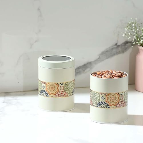 Image of Mandala Collection Airtight Kitchen Container Set| 1100ML- Set of 2| Food Grade Metal Jars for Dals, Millets, Pasta & Dry Food Storage| Vacuum Lid, Rust Resistant| Beige Rangoli Canisters