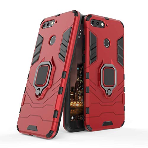 MRSTER Huawei Y6 2018 Case, Heavy Duty Armor Dual Layer Shock Resistant Hybrid Protective Case Cover with Ring Holder Kickstand for Huawei Y6 2018 / Honor 7A. HB Red