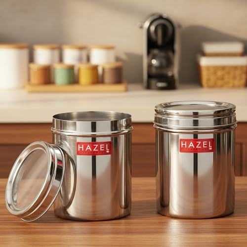 Image of HAZEL Stainless Steel Kitchen Container with Transparent Lid | Top See Through Kitchen Container Set with Matt Finish | Multipurpose Container for Kitchen Storage, 1100 ML, Set of 2