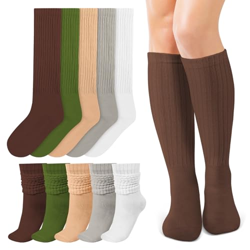 Image of Queenshin 5 Pairs Slouch Socks for Women, Long Knee High, Chunky Knit Boot Socks, Slouchy Scrunch Athletic Scrunchie, Sizes 5-9 Green