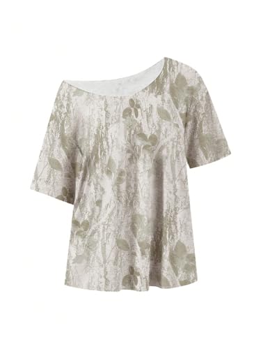 Women's Off Shoulder Oversized Tshirts Camo Half Sleeve Asymmetrical Baggy Tee Tops3
