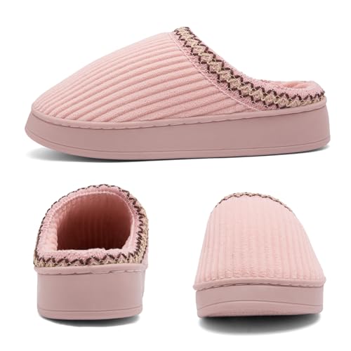 Image of Slippers for Women&Men with Memory Foam Corduroy Closed Toe House Shoes Ladies Winter Warm Comfy Bedroom Women's Slipper Indoor and Outdoor Slip-on Rubber Sole