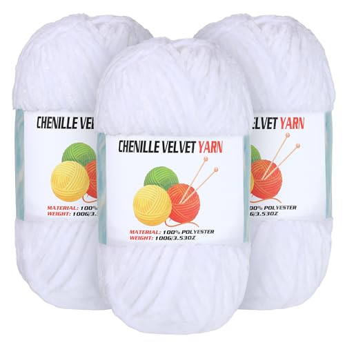 Image of 3 * 100g Velvet Chenille Chunky Yarn for Crocheting, Handcrafts Weaving Soft Chenille Yarn for Crocheting Clearance, Used for Making Baby Yarns Blanket, Clothes, Knitting Creations (White)