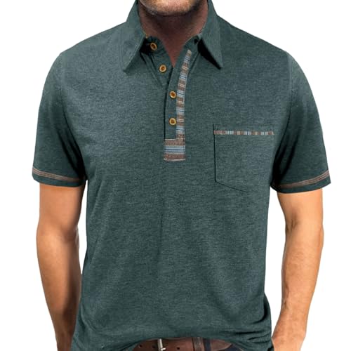 PRIVIMIX Polo Homme Manches Courtes avec Poche Ete Polo Tops Tee Shirt de Golf Rugby Vert L