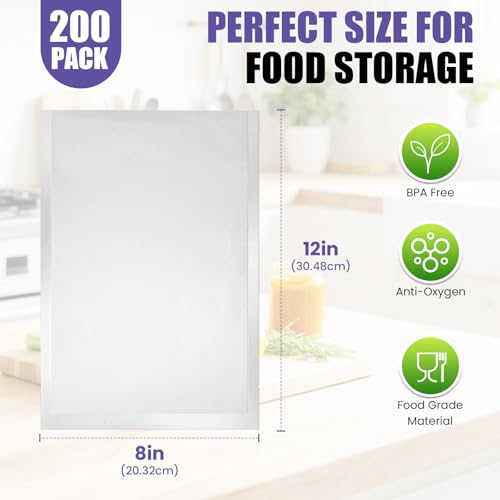 Image of CAREGY Vacuum Sealer Bags 200 Quart | 8 inch x 12 inch with BPA Free for Food Storage Meal Prep or Sous Vide