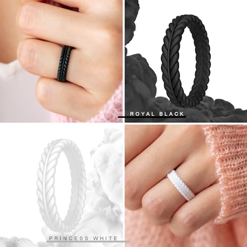 ThunderFit Silicone Wedding Rings for Women, Braided Pattern Engagement Bands 4.6mm Wide 2.2mm Thick - 1/8/9 Variety Multipack2