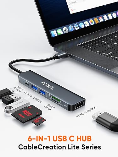 Image of CableCreation 6-in-1 USB C Hub Multiport USB-C Adapter(Lite Series),Type C Docking Station Dongle,4K HDMI Output,USB 3.0 /2.0 Ports,100W Power Delievery,SD /TF Cards Reader for MacBook Pro /Air,Iphone 15