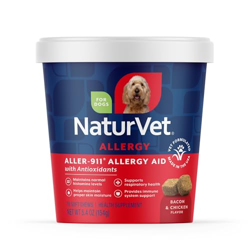 NaturVet Aller-911 Advanced Allergy Aid for Dogs, Cats – Antioxidant-Rich Pet Supplement with Omegas, DHA, EPA – Helps Support Dog Immune System, Cat Respiratory Health, Skin Moisture 70 Soft Chews