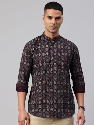 Image of Majestic Man Men's Pure Cotton Printed Mandarin Collar Regular Fit Roll-Up Sleeves Short Kurta