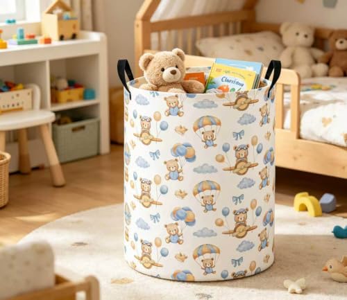 Image of Baby Laundry Basket Baby Nursery Hamper Kids Laundry Basket Toy Storage Bin for Boys Room Decor Gift Baskets for Bedroom Bathroom(Bear Pilot)