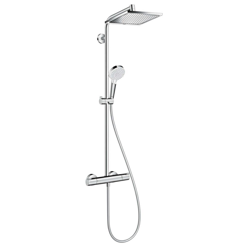 hansgrohe Crometta E - Colonna doccia a risparmio idrico (EcoSmart) con miscelatore termostatico, sistema doccia (240 x 240 mm) con rubinetto, doccetta, tubo, asta e soffione doccia, cromo, 27281000