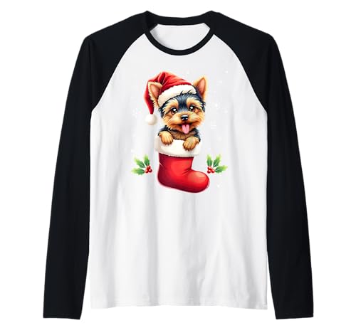 Yorkshire Terrier Christmas Stocking Puppy Dog Lover Holiday Camiseta Manga Raglan