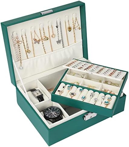 Bailinna Jewelry Organizer Box for Women Girls, 2 Layer Large PU Leather Lockable Jewelry Storage Case Watch Display with Removable Tray for Necklace Rings Earrings Bracelets Vintage Gift - Green