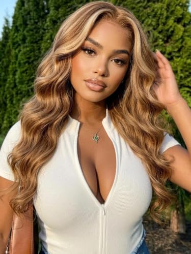 Image of KLAIYI Bye Bye Slip Honey Blonde Highlight Body Wave Pre Everything Glueless 13x4Ear to Ear Lace Frontal Wigs Human Hair Drawstring Ombre Pre Plucked Bleached Knots 3S Ready to Wear and Go Wig 20Inch