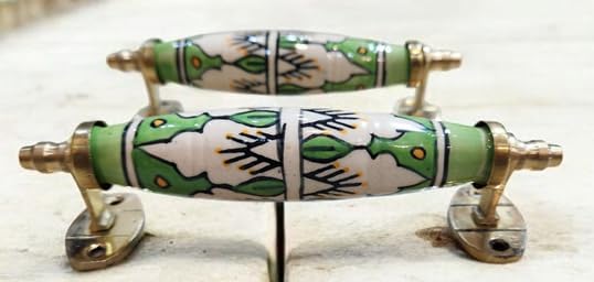 JGARTS Set of 2 Cabinet Pulls Ceramic Door Knobs Painted Kitchen Cabinet Drawer Wardrobe Pull Handles Porcelain Pattern Green and White Design 02