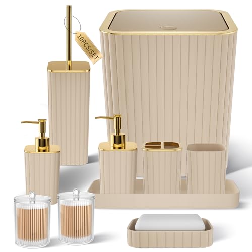 XLHOMO Bathroom Accessories Set - Gorgeous Bathroom Set, 10PC Beige Bathroom Accessory Set, Toilet Brush, Trash Can & Soap Dispenser