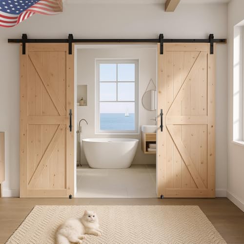 S&Z TOPHAND® 36in x 84in Double Unfinished British Brace Barn Door with 13FT Sliding Hardware Kit/Solid Wood/Double Surfaces/Simple Assembly is Required