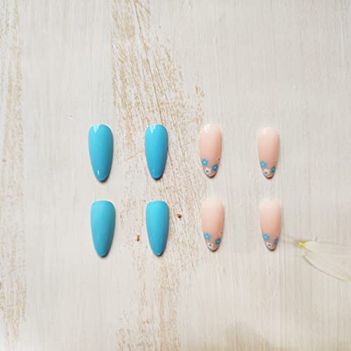 French Tip Press On Nails Almond Shape Fake Nails Medium Length False Nails Blue Flower Acrylic Nails With Designs Full Cover Artificial Nails Glossy Stick On Nails For Women And Girls Nail Decoration #TOP3