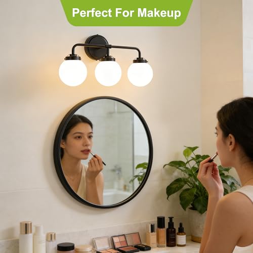 Image of Bathroom Light Fixtures 18.3in 3-Light Matte Black Vanity Lights for Mirror | Bathroom Lighting Fixtures over Mirror, ETL, Brushed Brass Wall Sconce, Dimmable E12 Base Max 60W, Milky Glass Ball Shades