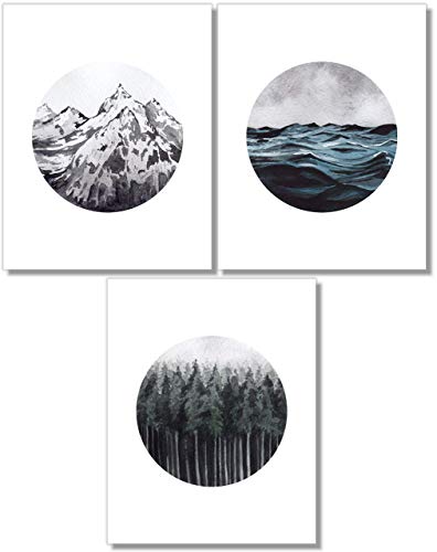 Landscape Wall Art - Mountain Forest Ocean Prints - Set of 3-8x10