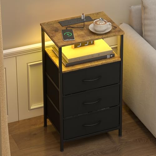 Advwin Bedside Table with Charging Station and Led Light, Living Room Side Table with 3 Fabric Drawers & Open Shelf, Bedroom Nightstand with USB Ports & Outlets, Black+Brown