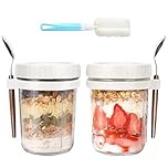 2 Pack Overnight Oats Containers with Lids and Spoons Glass Mason Jars 10 oz Airtight Breakfast Jars with Measurement Marks, Cereals, Milk, Fruit Salad （White）