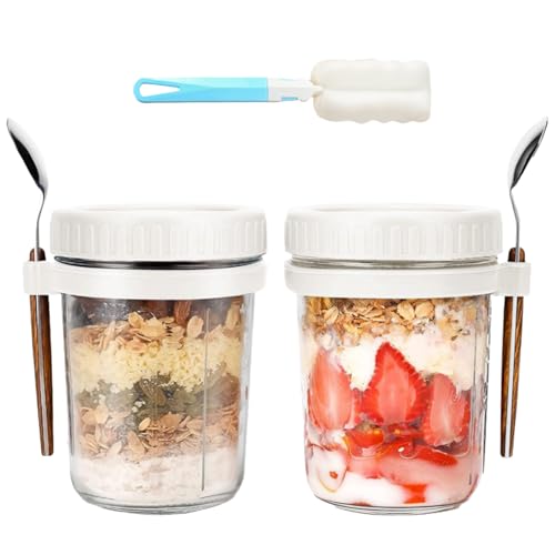2 Pack Overnight Oats Containers with Lids and Spoons Glass Mason Jars 10 oz Airtight Breakfast Jars with Measurement Marks, Cereals, Milk, Fruit Salad （White）