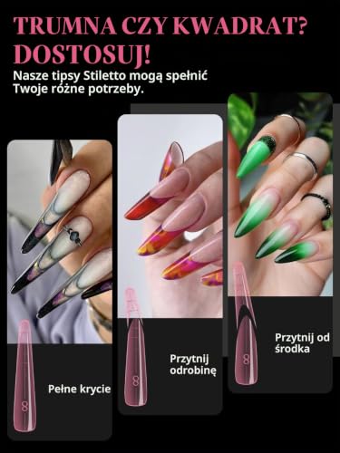 EBANKU 150 szt. form do paznokci z żelu polietylenowego, wielokrotnego użytku podwójne formy do Polygel Pink Stiletto Almond Nail Mold akrylowe narzędzie do przedłużania paznokci, 15 rozmiarów