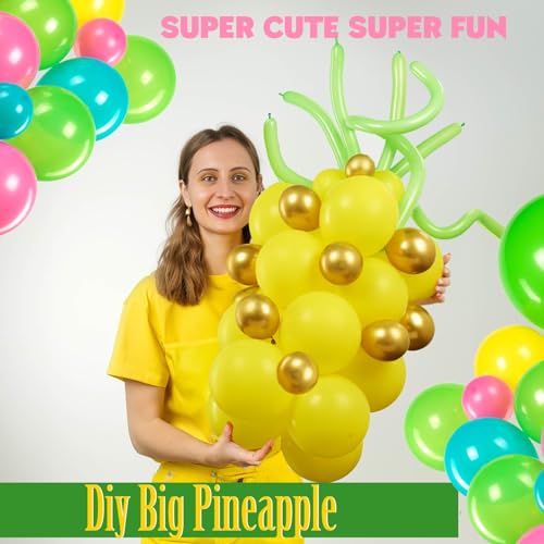 Image of Summer aloha garland arch kit 150pcs Magenta Pink teal green yellow balloon with tropical flowers flamingo diy Giant Pineapple aloha letter balloon for hawaii aloha luau theme party decorations