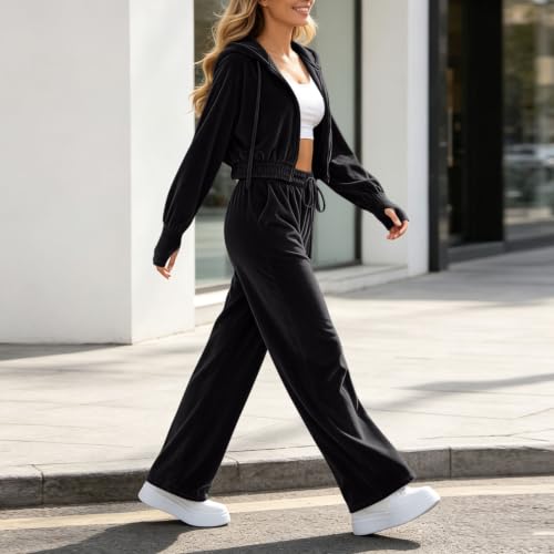 Velour Tracksuit Womens Y2K 2 Piece Zip Hoodie and Wide Leg Pants Sweatsuit - image 6