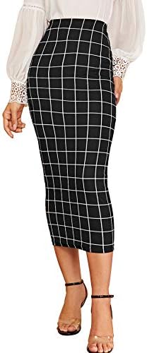 Verdusa Women's Elegant Plaid Elastic Waist Bodycon Midi Skirt Black XXL