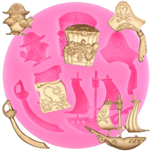 XMOLDNMS Moules en silicone en forme de bateau de pirate, moule à fondant, épée, chapeau de pirate, moules pour décoration de gâteaux, cupcakes, bonbons, chocolat, pâte à sucre, argile polymère