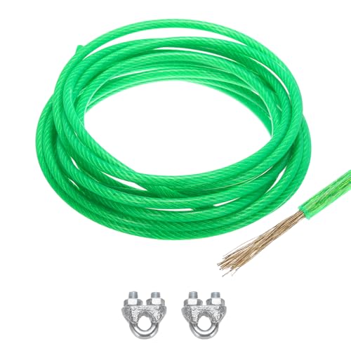 MECCANIXITY 8mm (5/16 inch) Green Vinyl Coated Wire Rope, 6m /20ft Galvanized Steel Cable Wire Rope with 2PCS M8 Loop Sleeves for String Light Hanging, Deck Railing, Garden Wire