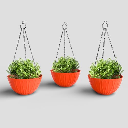 Image of YUCCABE ITALIA SHERA Hanging Wave 8 Inch Plastic Flower Pot for Plant Pack of 3 Pcs Round Shape Hanging Pot for Balcony Railing Planters for Indoor and Outdoor Garden (Red)