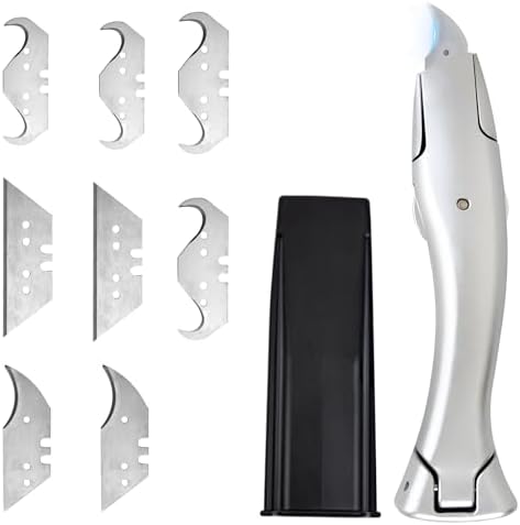 Cuchillo para Alfombras con Cuchilla de Gancho, Cuchillo Profesional para Alfombras con 8 Hojas de Repuesto, Cutter para Alfombras, Cutter para Hojas Trapezoidales para Cortar Suelos de PVC