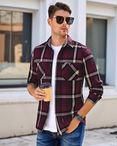 Image of WARHORSEE Flannel Shirt for Men Long Sleeve Button Down Plaid Shirts | Soft Cotton Blend for Multi-season Wear, Lightweight yet Warm, Dual buttoned storage pockets, Machine Washable Easy Care