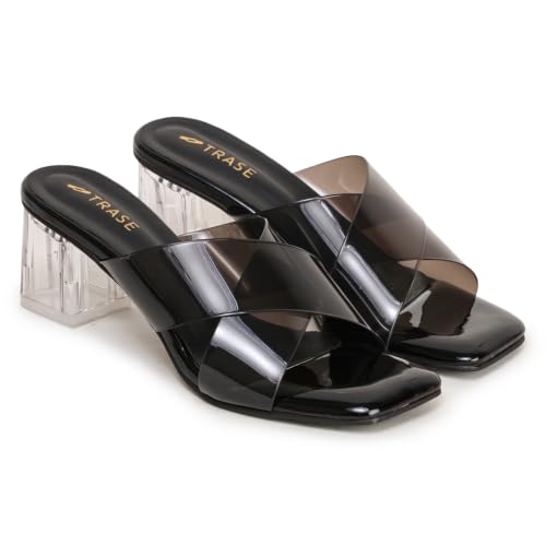 Image of TRASE Transparent Cross Strap Block Heels for Women Stylish | Fashionable Heel Sandals for Girls | Elegant & Formal Footwear