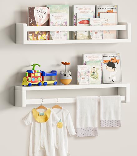 Image of QimCoor 24 inch Kids Bookshelf, Floating Bookshelves for Wall Set of 2, White Solid Wood Nursery Book Shelves, Wall Shelves for Living Room Bedroom Décor