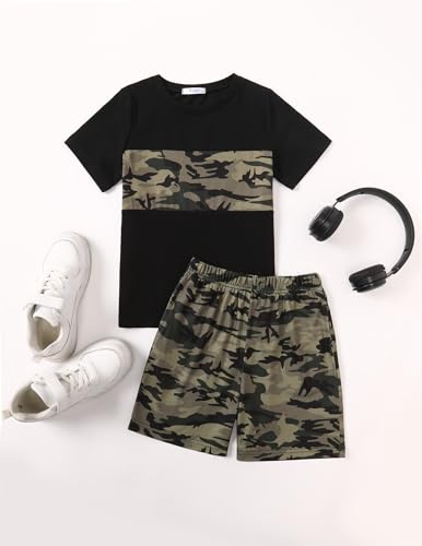 Image of Arshiner Boys' 2-Piece Cotton Outfit Color Block T-Shirt and Shorts Set Summer Camo Clothes for Kids 5-14 Years
