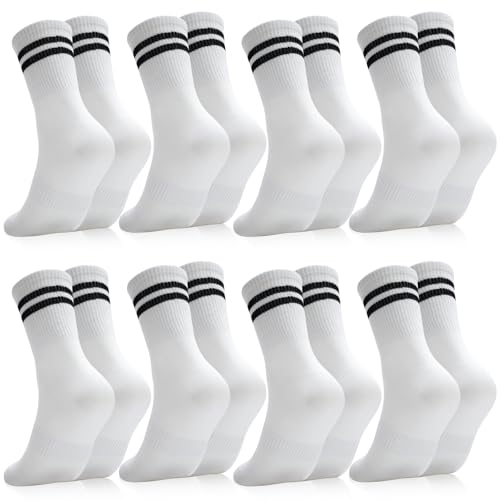 Zuimei - Zuimei 8 Pairs White Ladies Sports Socks, Cotton Breathable Women Crew Ankle Socks Moisture Striped Mid-Calf Athletic Sock Multipack for Girls, Size 4-6